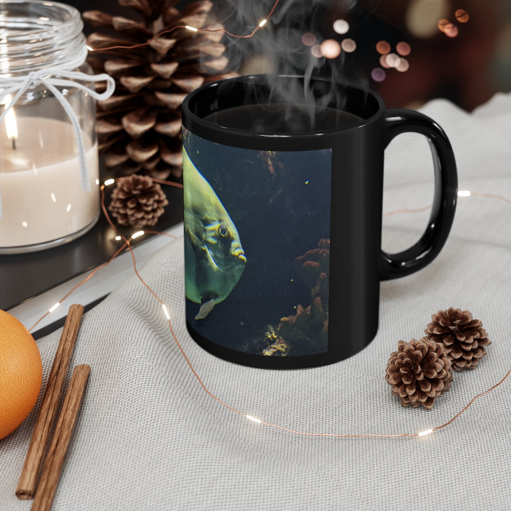 Green Fish 11oz black ceramic mug with a C-handle, perfect for coffee, tea, or hot chocolate.