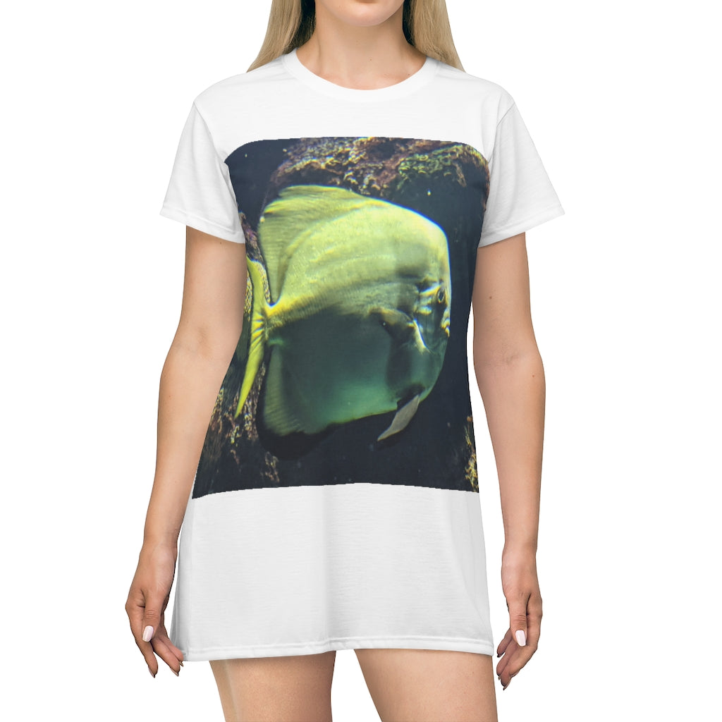 A vibrant Green Fish All Over Print T-Shirt Dress showcasing a unique fish pattern, perfect for casual outings.