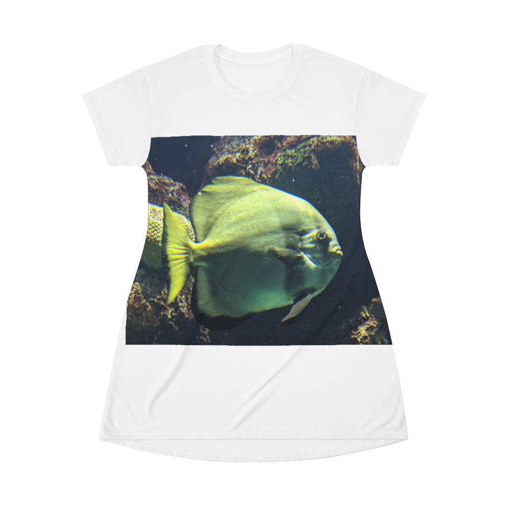 A vibrant Green Fish All Over Print T-Shirt Dress showcasing a unique fish pattern, perfect for casual outings.