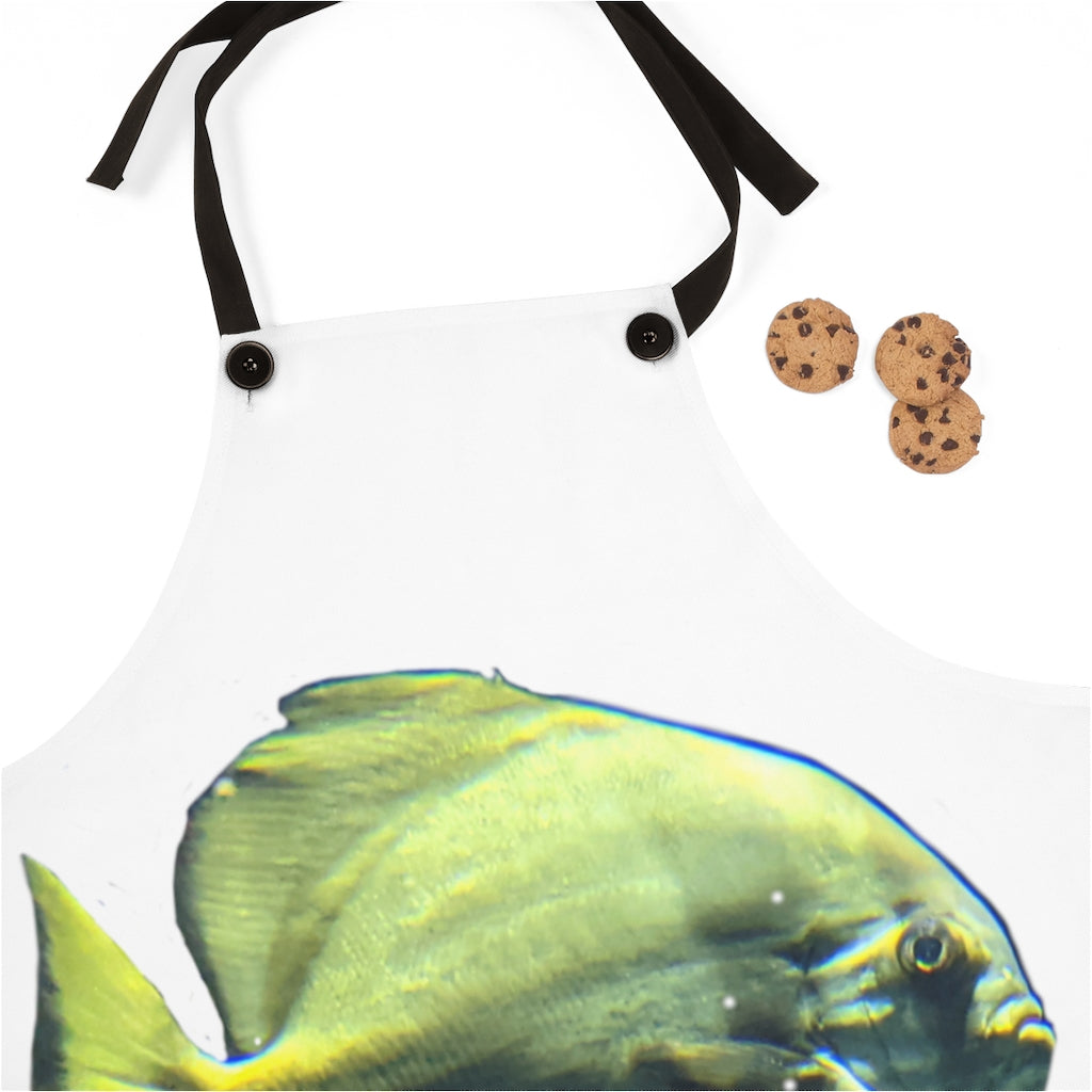 Stylish Green Fish Apron made of durable polyester with black detachable twill straps, perfect for cooking and backyard gatherings.