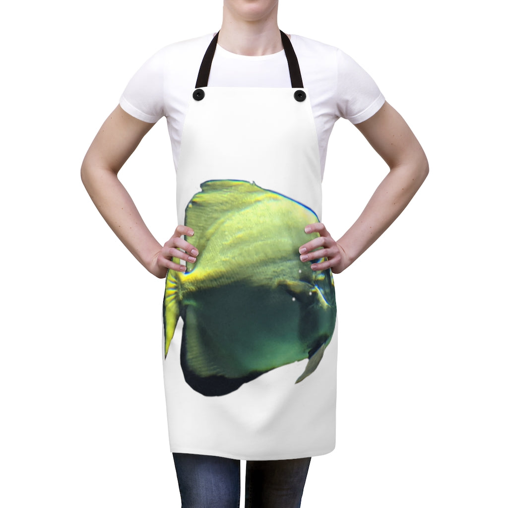 Stylish Green Fish Apron made of durable polyester with black detachable twill straps, perfect for cooking and backyard gatherings.