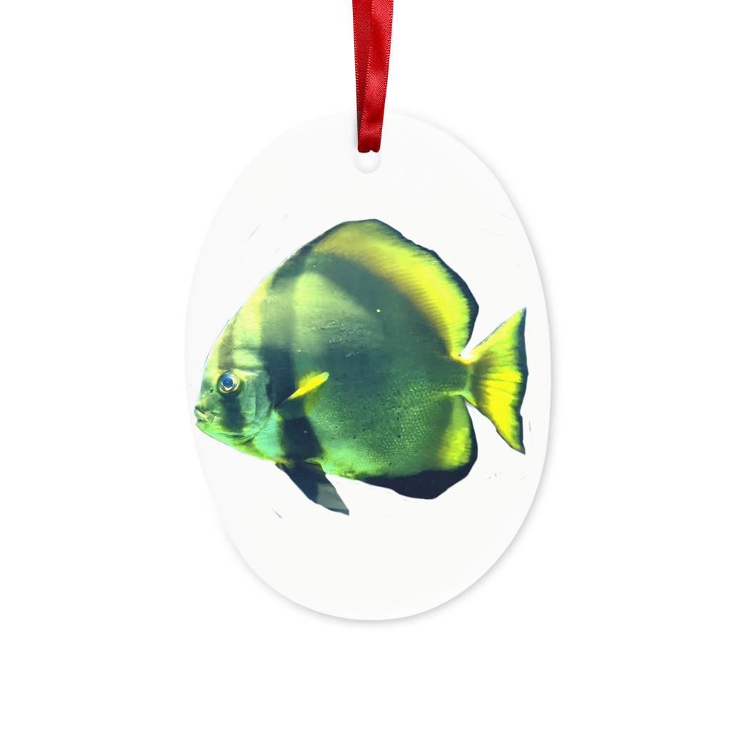 A beautifully crafted green fish ceramic hanging ornament with a red ribbon and gold string, perfect for Christmas decoration.