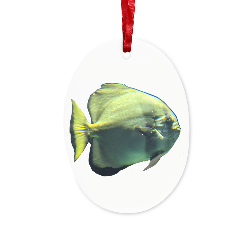 A vibrant green ceramic fish ornament with a red ribbon and gold string, perfect for hanging on a Christmas tree or as a decorative piece.