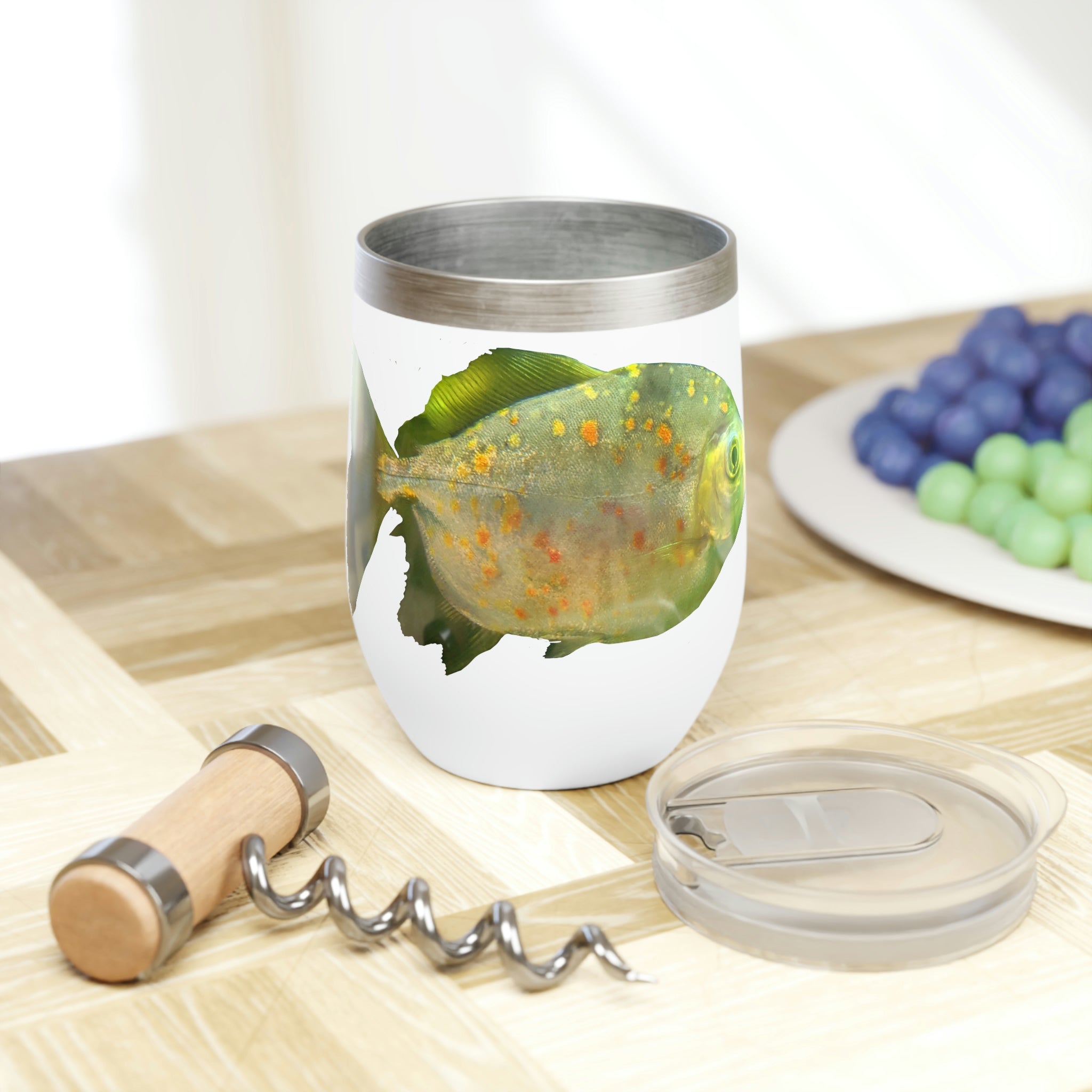 Green Fish Chill Wine Tumbler with double-insulated walls and a sleek stainless steel design, perfect for wine lovers.