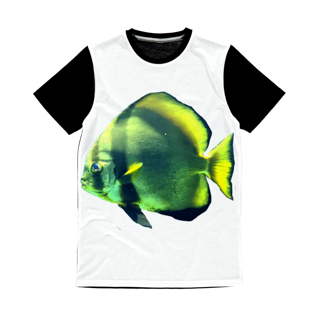 Green Fish Classic Sublimation Panel T-Shirt featuring a vibrant front design and plain black back, ideal for custom printing.