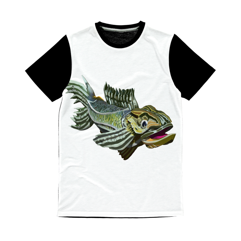 Green Fish Classic Sublimation Panel T-Shirt featuring a vibrant front design and plain black back, ideal for sublimation printing.