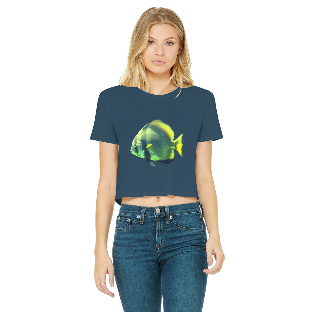 Green Fish Classic Women's Cropped Raw Edge T-Shirt featuring a round neck and raw edge hem, made from soft cotton.