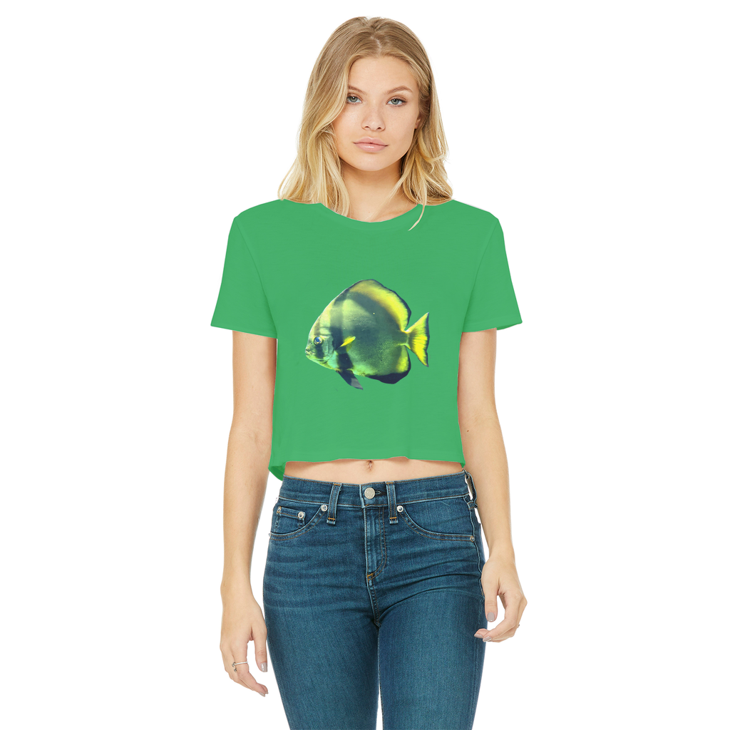 Green Fish Classic Women's Cropped Raw Edge T-Shirt featuring a round neck and raw edge hem, made from soft cotton.