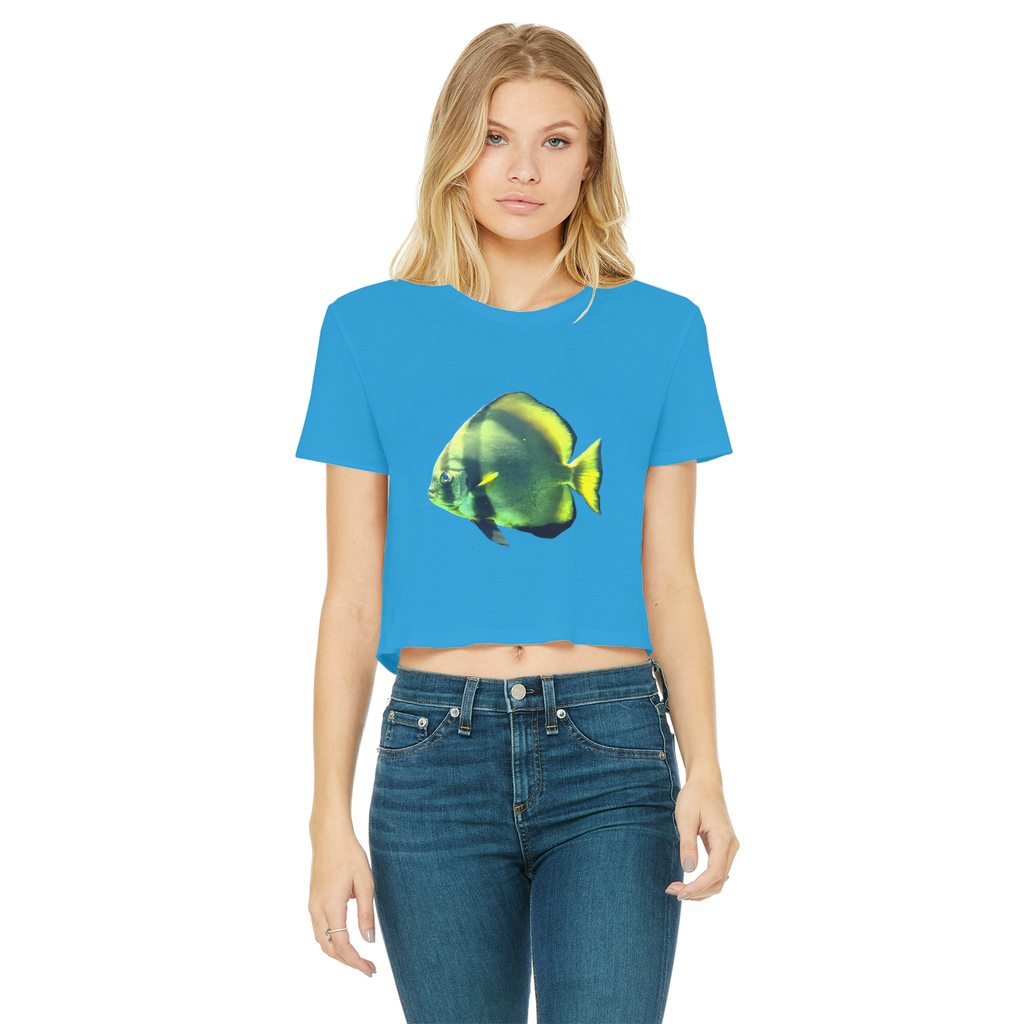 Green Fish Classic Women's Cropped Raw Edge T-Shirt featuring a round neck and raw edge hem, made from soft cotton.