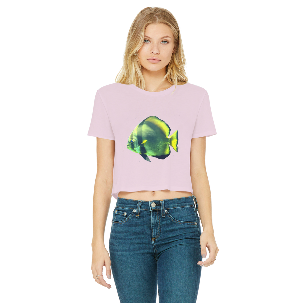 Green Fish Classic Women's Cropped Raw Edge T-Shirt featuring a round neck and raw edge hem, made from soft cotton.
