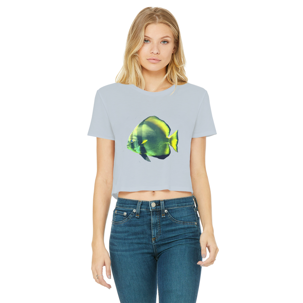 Green Fish Classic Women's Cropped Raw Edge T-Shirt featuring a round neck and raw edge hem, made from soft cotton.