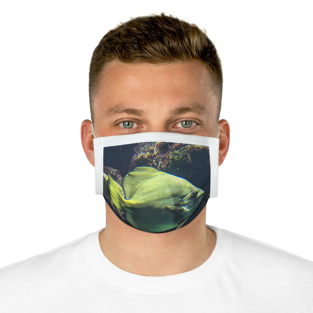Green Fish Cotton Face Mask featuring a vibrant fish design, made from 100% cotton with adjustable earloops and nose wire.