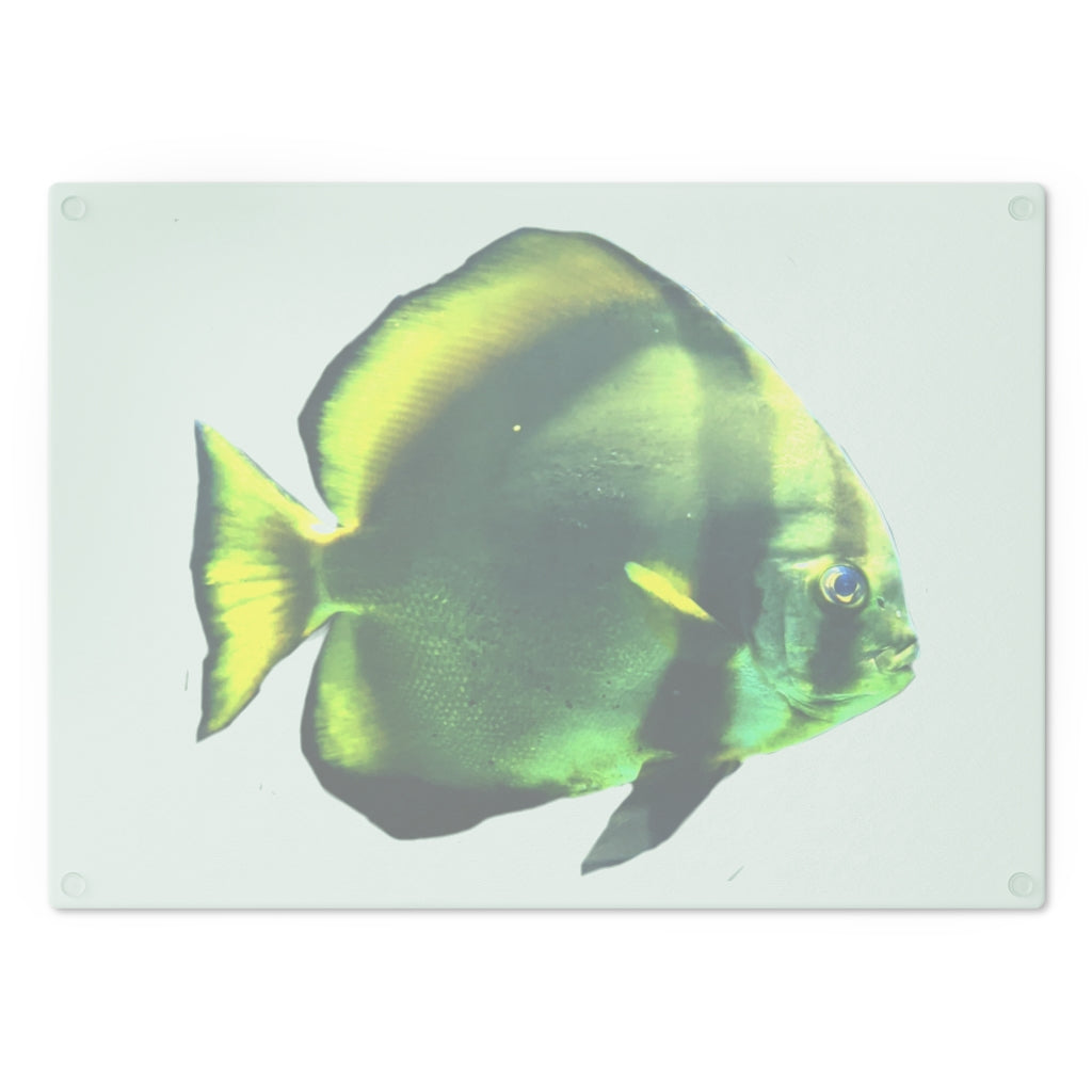 Green Fish Cutting Board made of tempered glass with rubber dots for stability, featuring a vibrant fish design.