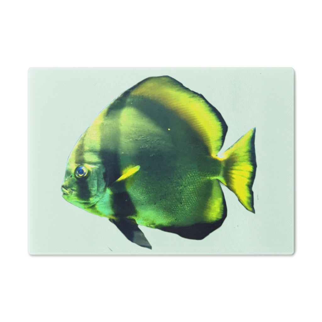 Green Fish Cutting Board made of tempered glass with rubber dots for stability, featuring a vibrant fish design.