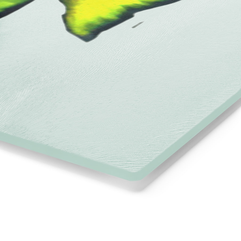 Green Fish Cutting Board made of tempered glass with rubber dots for stability, featuring a vibrant fish design.