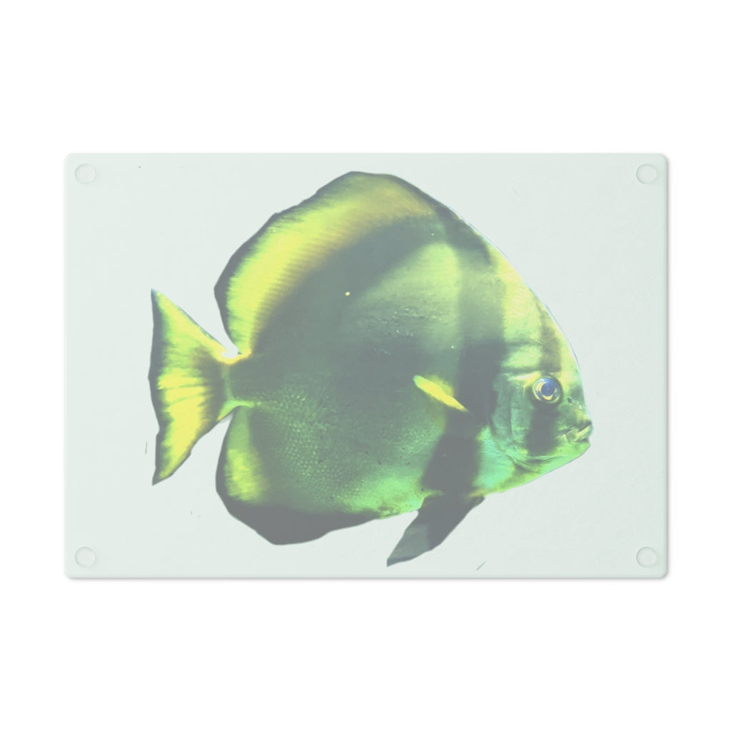Green Fish Cutting Board made of tempered glass with rubber dots for stability, featuring a vibrant fish design.