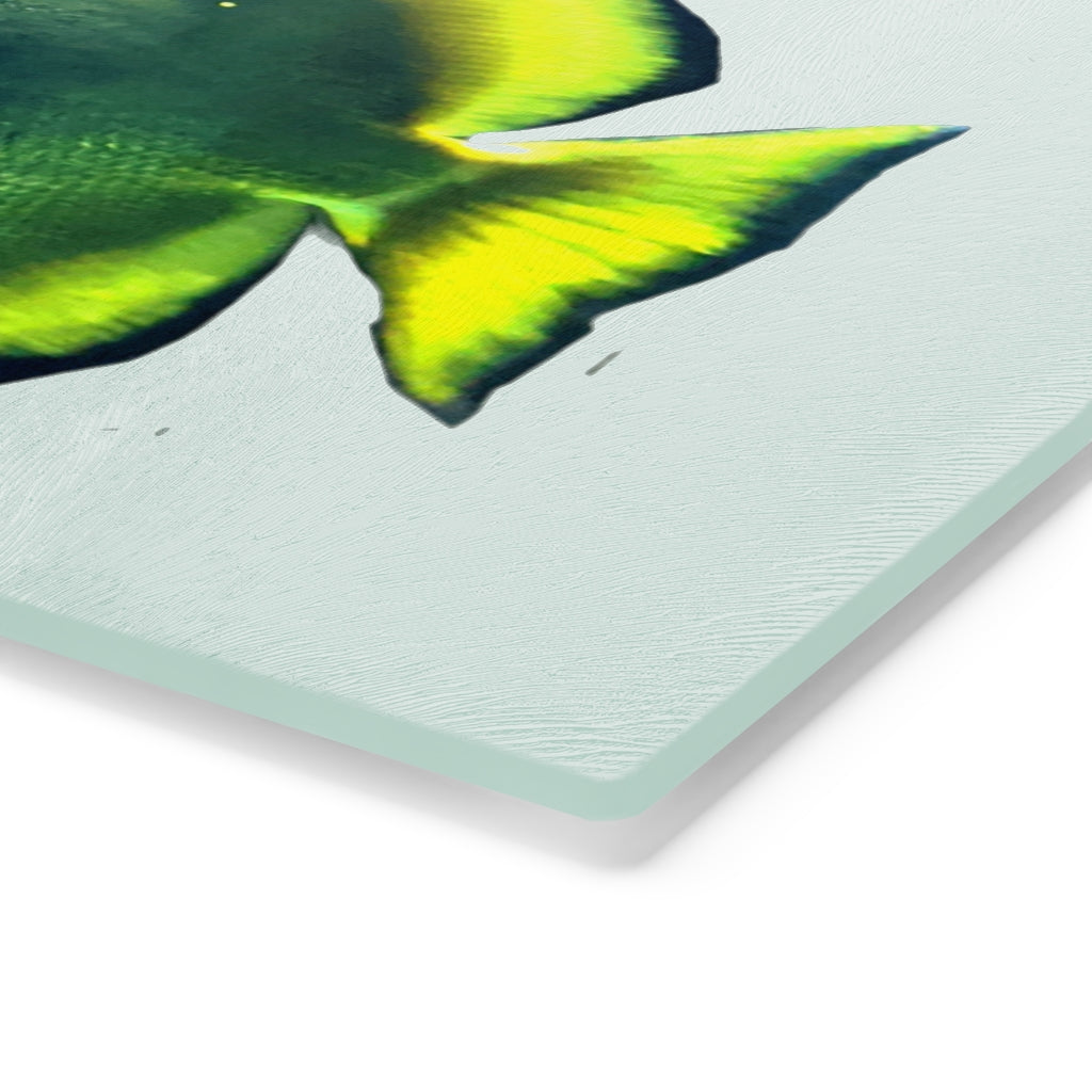 Green Fish Cutting Board made of tempered glass with rubber dots for stability, featuring a vibrant fish design.