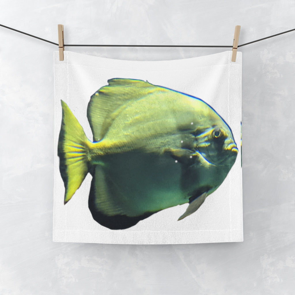 Green Fish Face Towel featuring a customizable polyester front and soft cotton back, ideal for bathroom use.