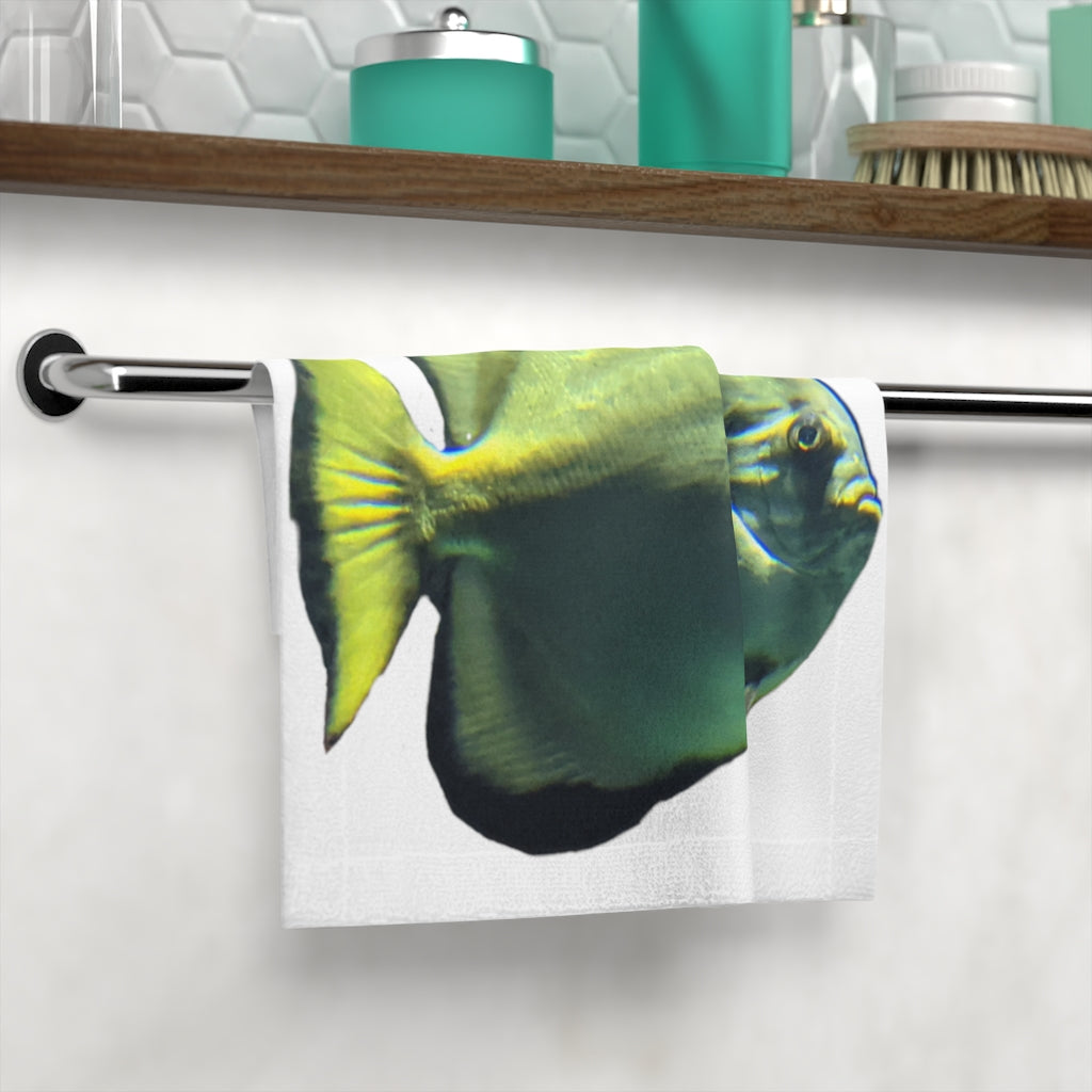 Green Fish Face Towel featuring a customizable polyester front and soft cotton back, ideal for bathroom use.