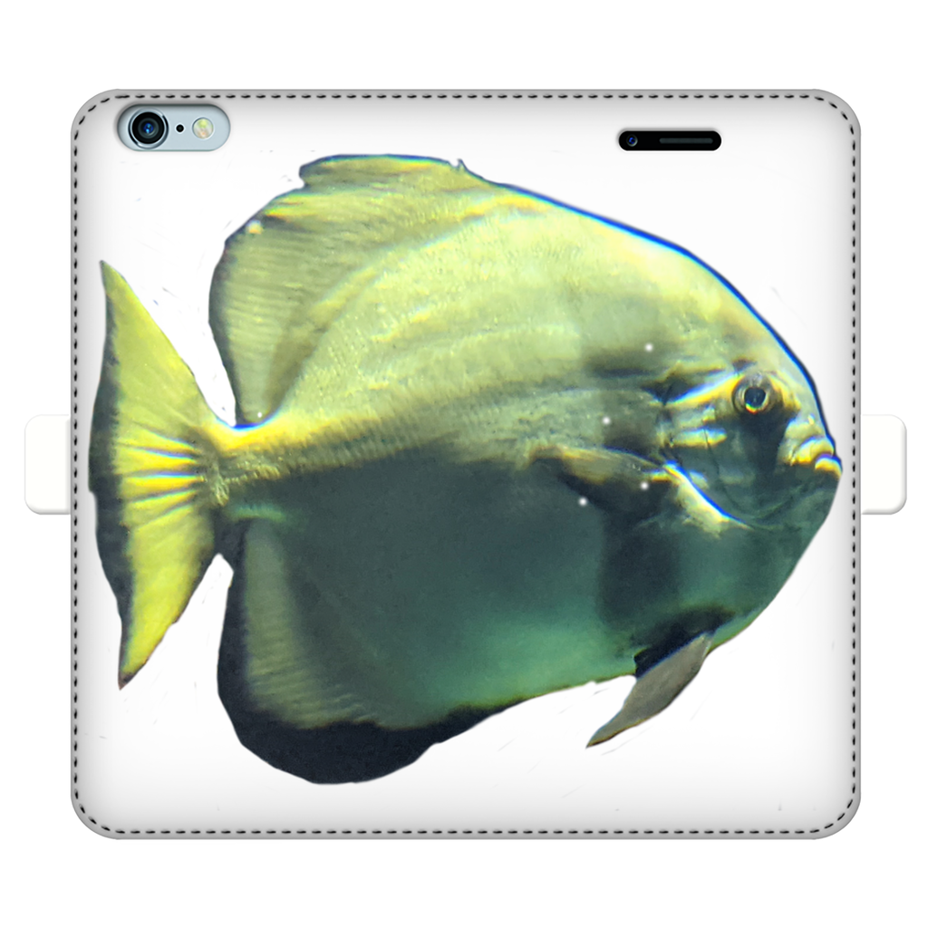 Green Fish Fully Printed Wallet Case for iPhone and Samsung, showcasing vibrant design and magnetic closure.