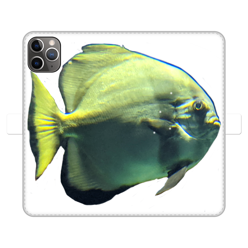Green Fish Fully Printed Wallet Case for iPhone and Samsung, showcasing vibrant design and magnetic closure.