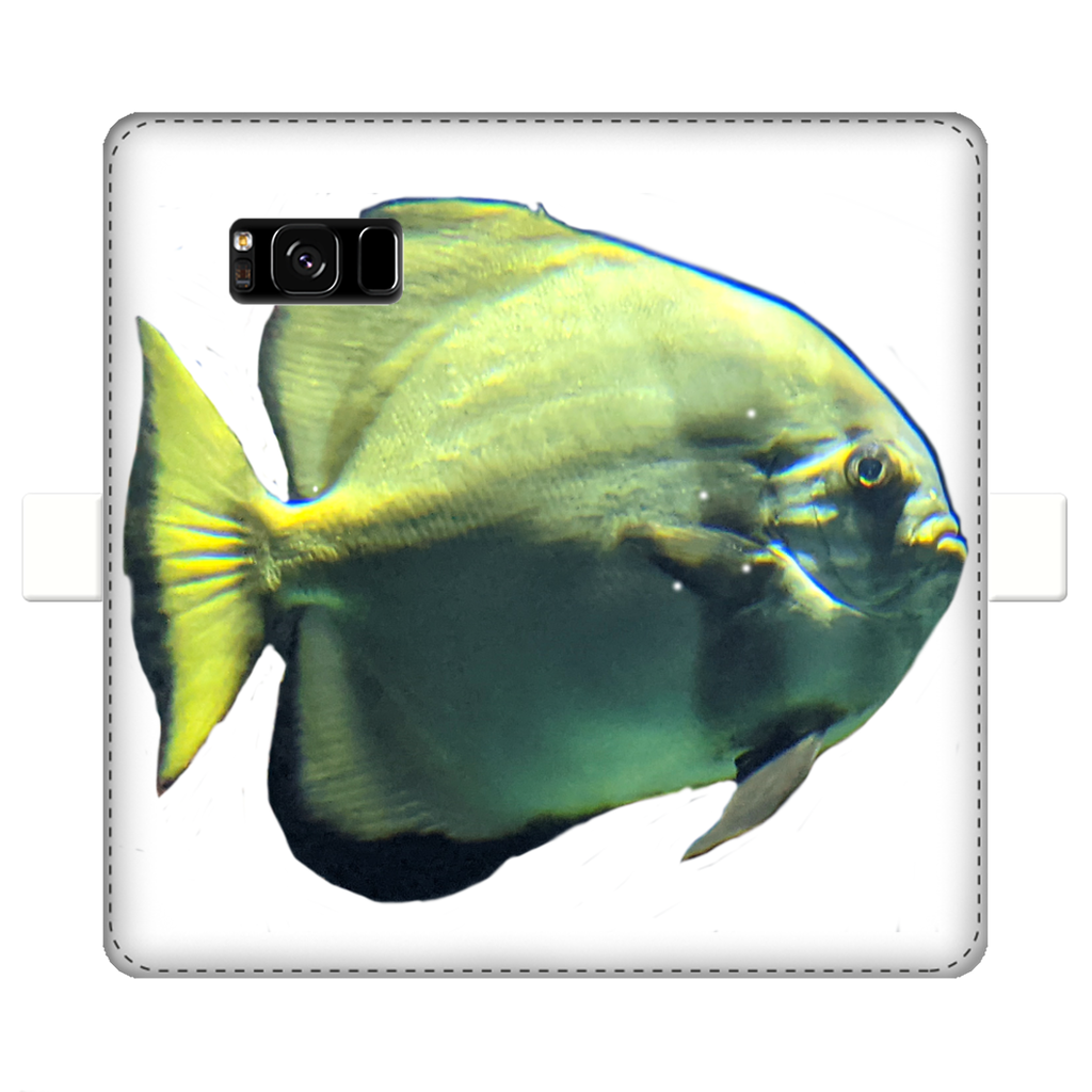 Green Fish Fully Printed Wallet Case for iPhone and Samsung, showcasing vibrant design and magnetic closure.