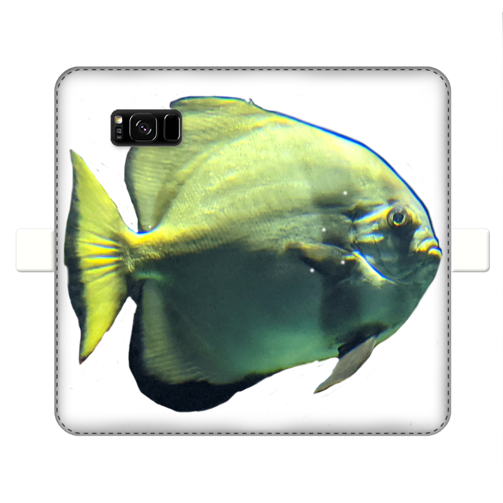 Green Fish Fully Printed Wallet Case for iPhone and Samsung, showcasing vibrant design and magnetic closure.