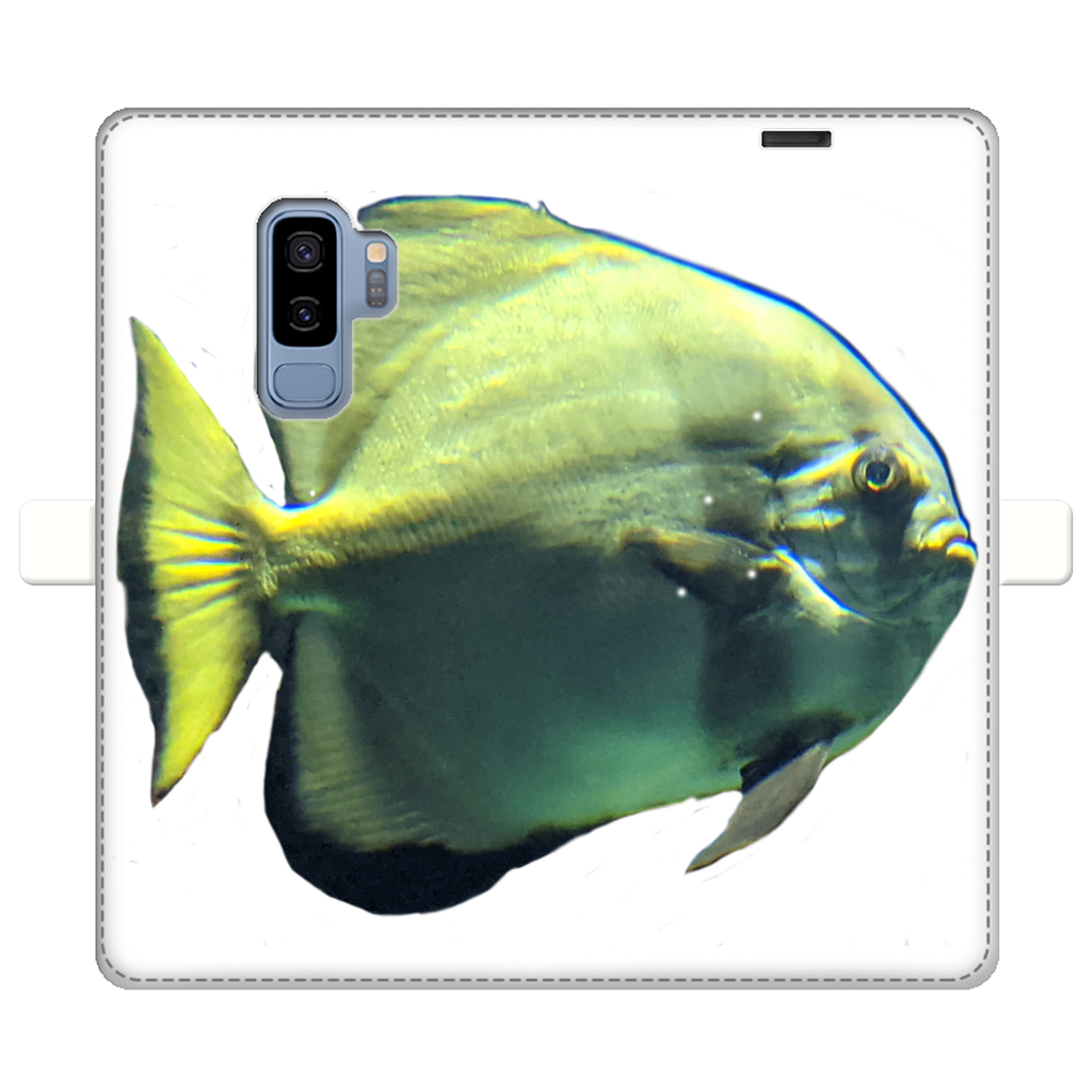 Green Fish Fully Printed Wallet Case for iPhone and Samsung, showcasing vibrant design and magnetic closure.