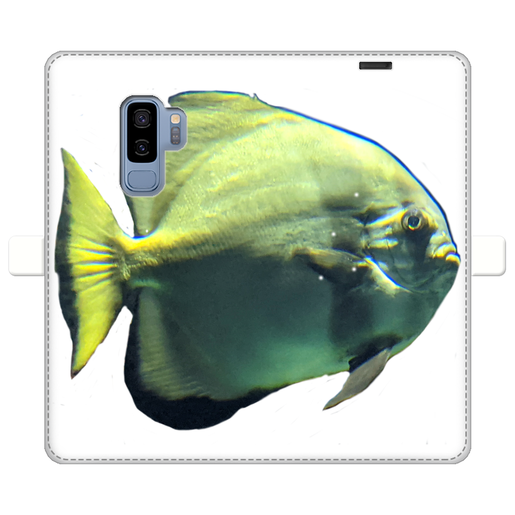 Green Fish Fully Printed Wallet Case for iPhone and Samsung, showcasing vibrant design and magnetic closure.