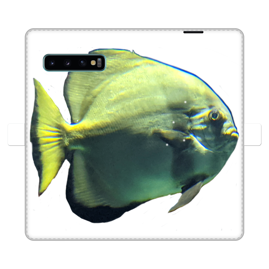 Green Fish Fully Printed Wallet Case for iPhone and Samsung, showcasing vibrant design and magnetic closure.