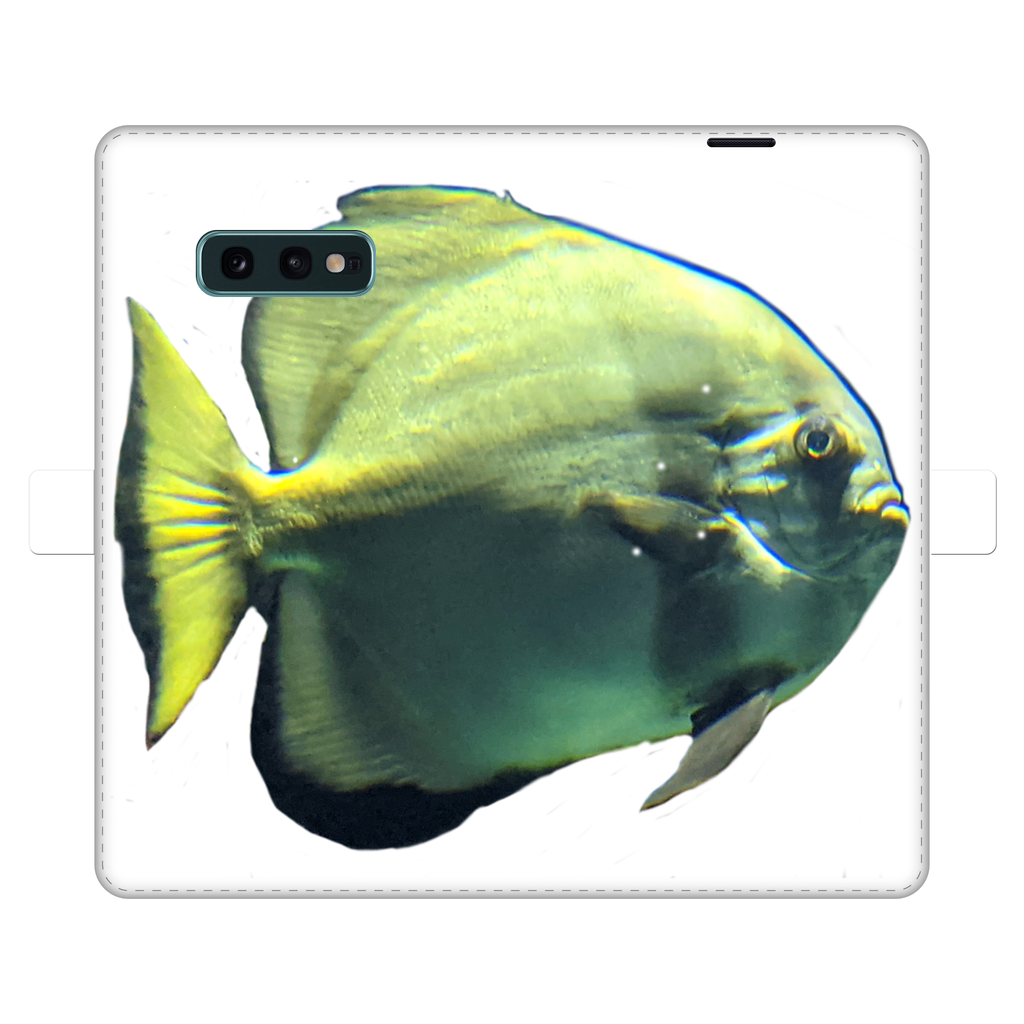 Green Fish Fully Printed Wallet Case for iPhone and Samsung, showcasing vibrant design and magnetic closure.