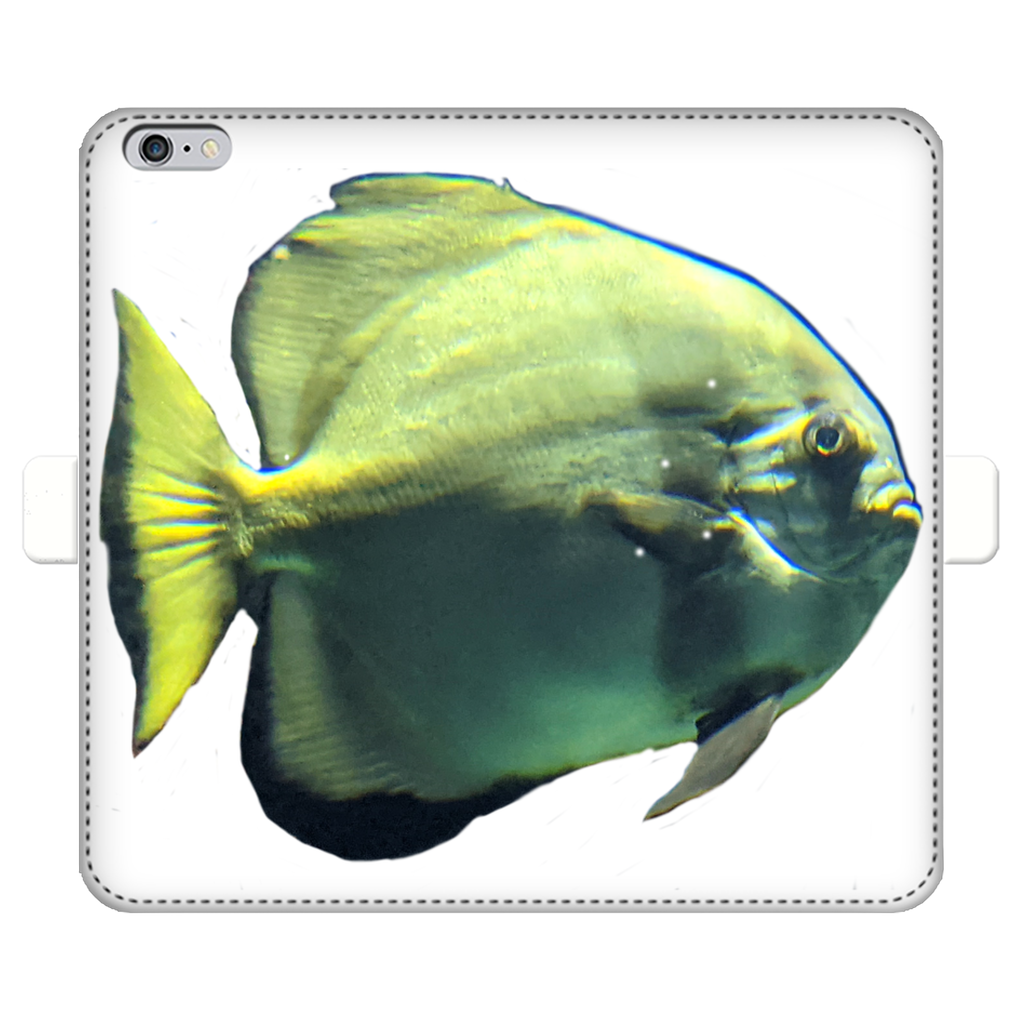 Green Fish Fully Printed Wallet Case for iPhone and Samsung, showcasing vibrant design and magnetic closure.