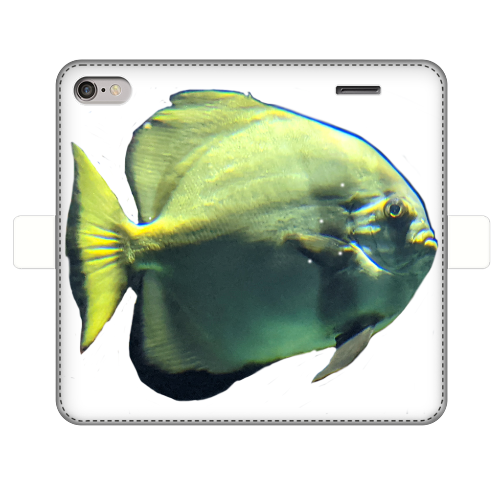 Green Fish Fully Printed Wallet Case for iPhone and Samsung, showcasing vibrant design and magnetic closure.