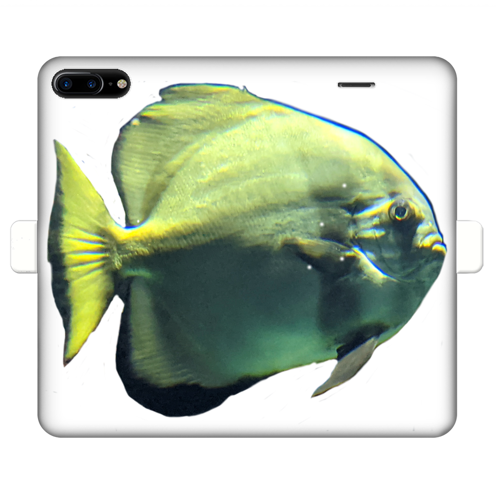 Green Fish Fully Printed Wallet Case for iPhone and Samsung, showcasing vibrant design and magnetic closure.