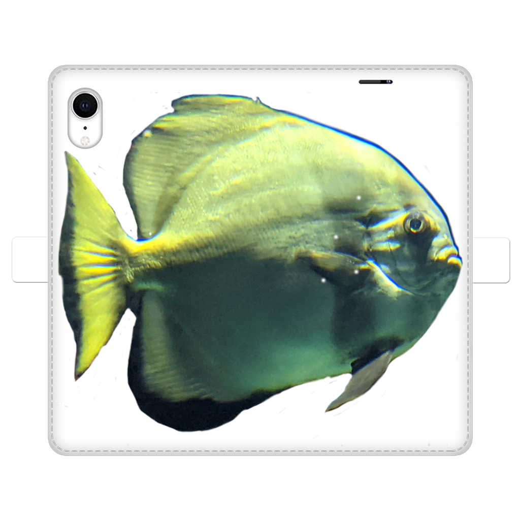 Green Fish Fully Printed Wallet Case for iPhone and Samsung, showcasing vibrant design and magnetic closure.
