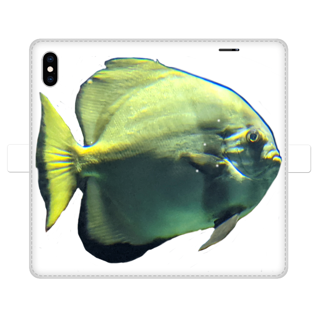 Green Fish Fully Printed Wallet Case for iPhone and Samsung, showcasing vibrant design and magnetic closure.