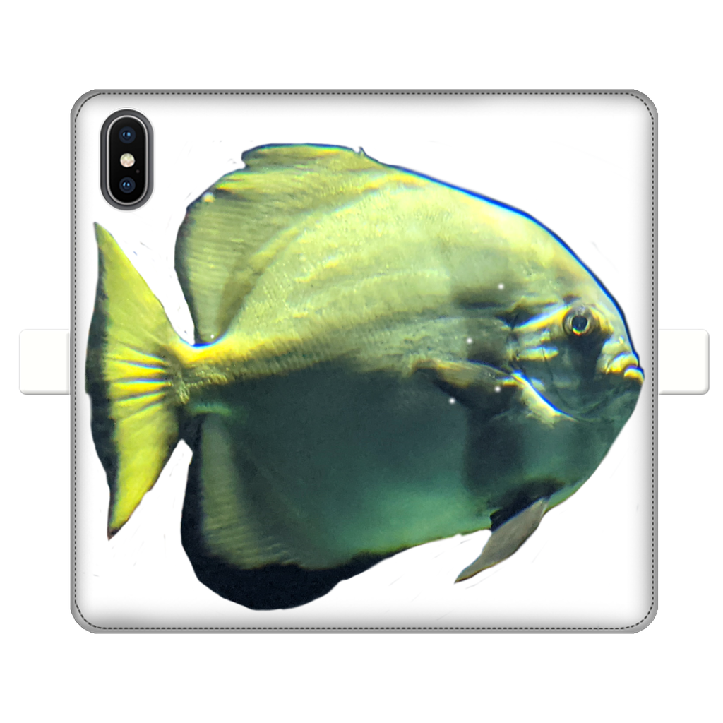 Green Fish Fully Printed Wallet Case for iPhone and Samsung, showcasing vibrant design and magnetic closure.
