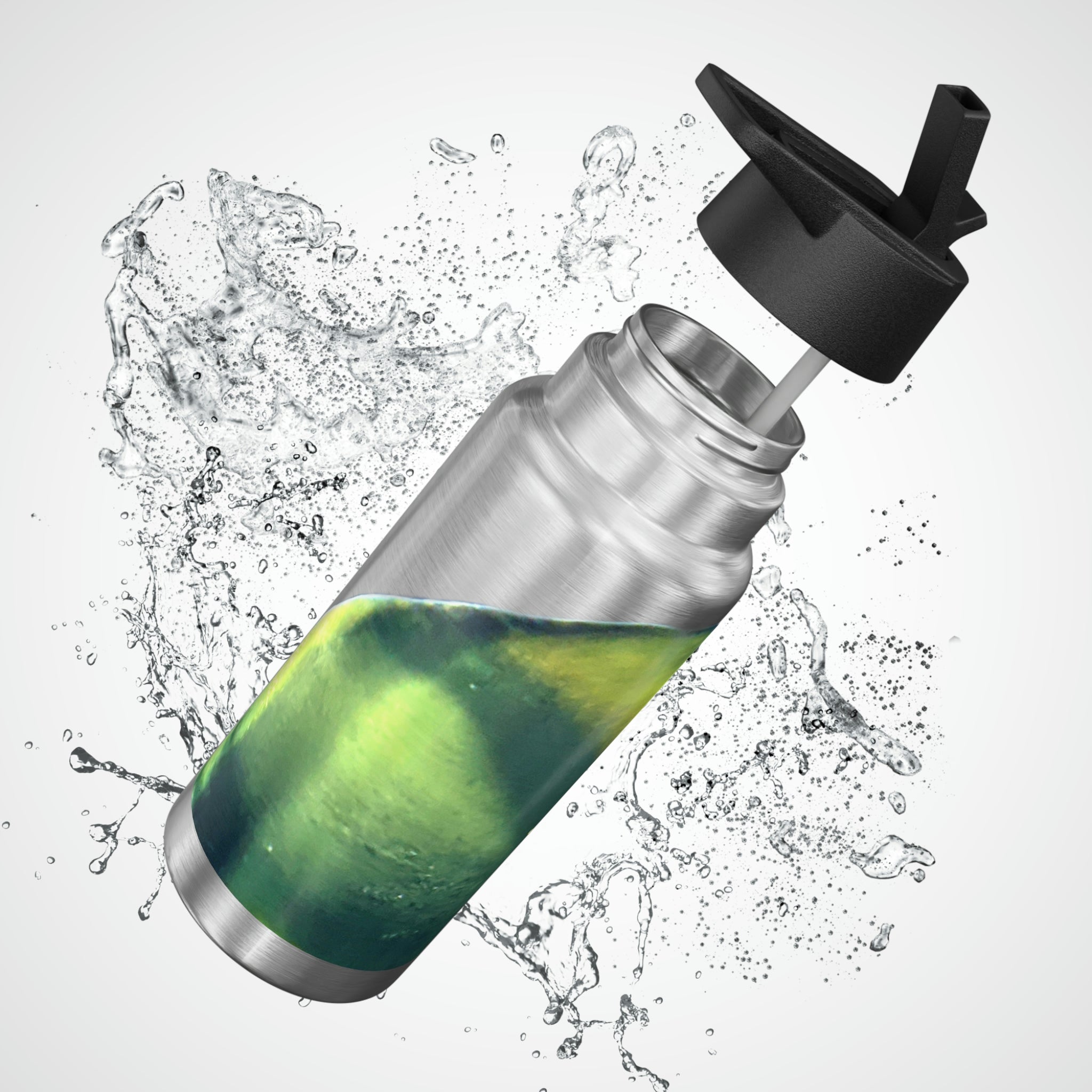 Green Fish Gator Tumbler, 32oz, stainless steel with a black cap and straw, customizable design.