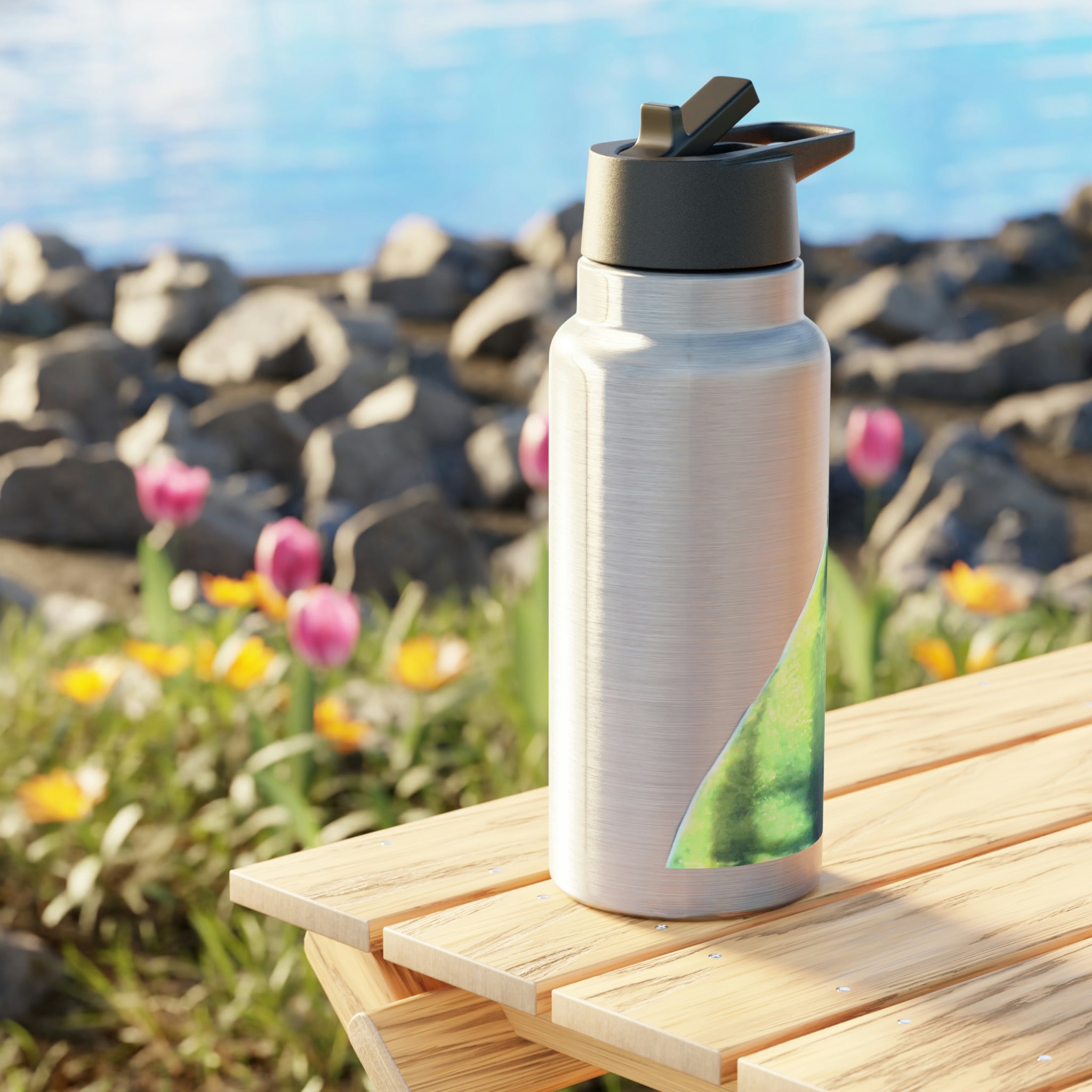 Green Fish Gator Tumbler, 32oz, stainless steel with a black cap and straw, customizable design.