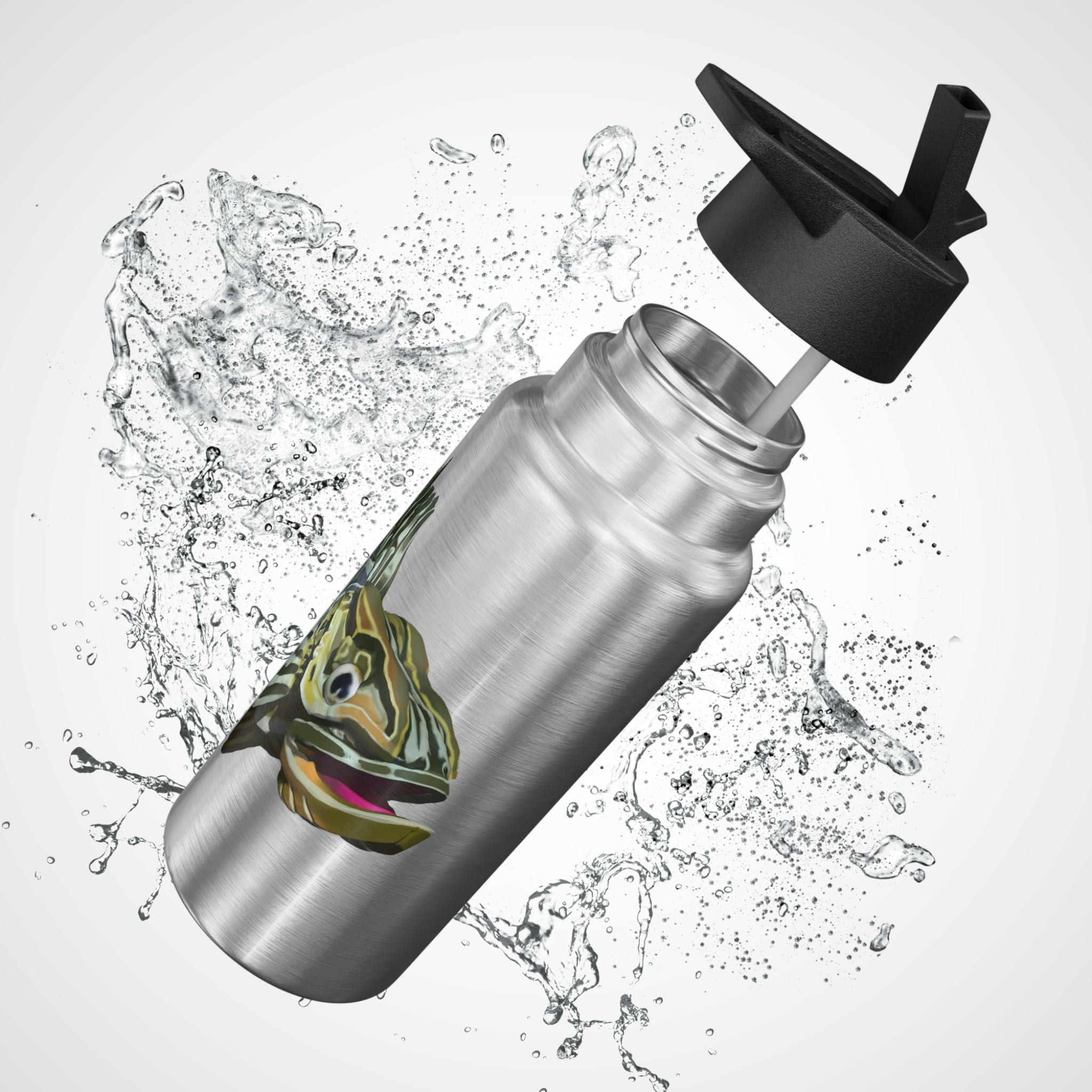 Green Fish Gator Tumbler, 32oz, stainless steel with a black cap and straw, customizable design.