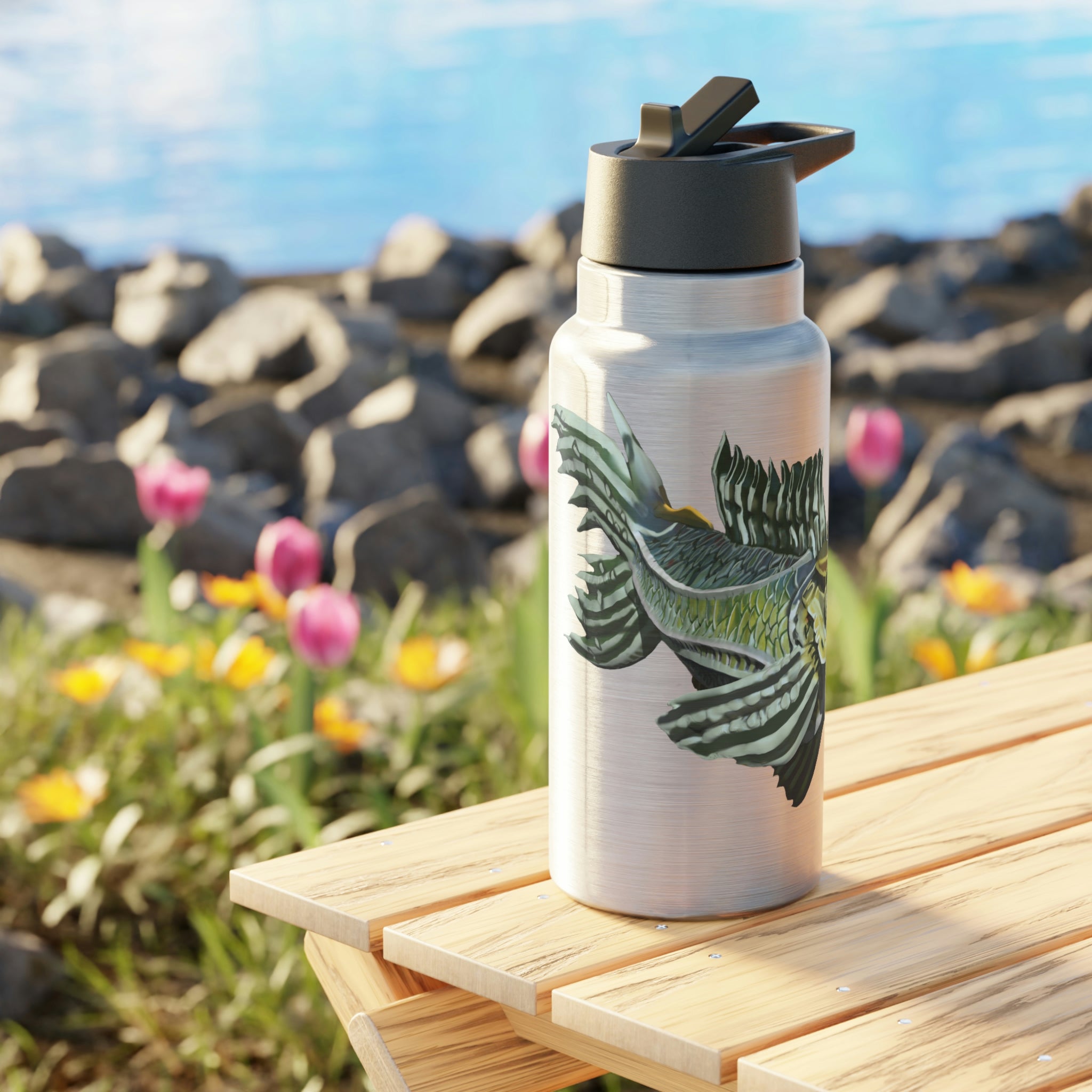 Green Fish Gator Tumbler, 32oz, stainless steel with a black cap and straw, customizable design.