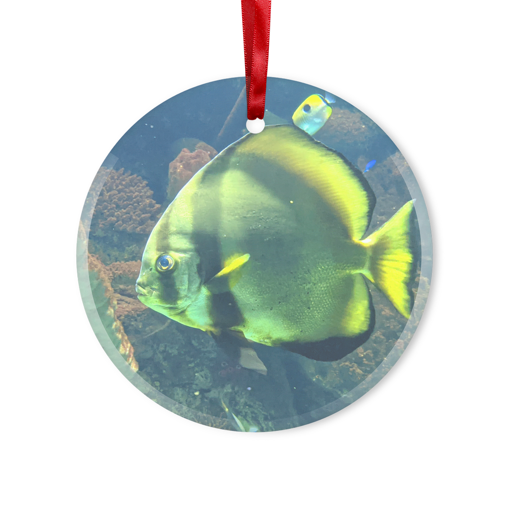 A beautifully crafted Green Fish Glass Hanging Ornament with a red ribbon and gold string, showcasing its unique design and elegant finish.