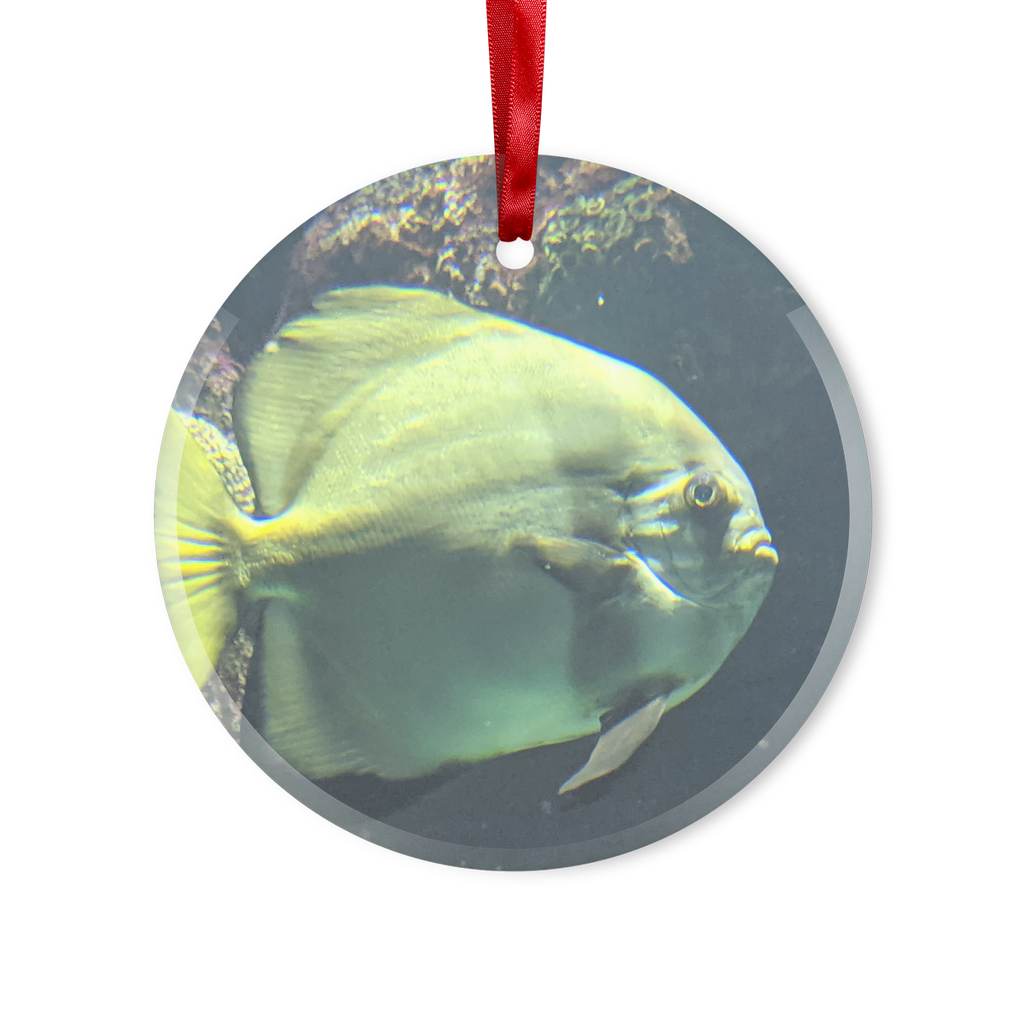 A beautiful green fish glass hanging ornament with a red ribbon and gold string, perfect for Christmas decoration.