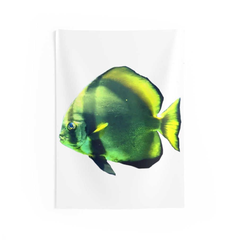 A vibrant green fish design on a polyester wall tapestry, showcasing intricate details and hemmed edges for durability.