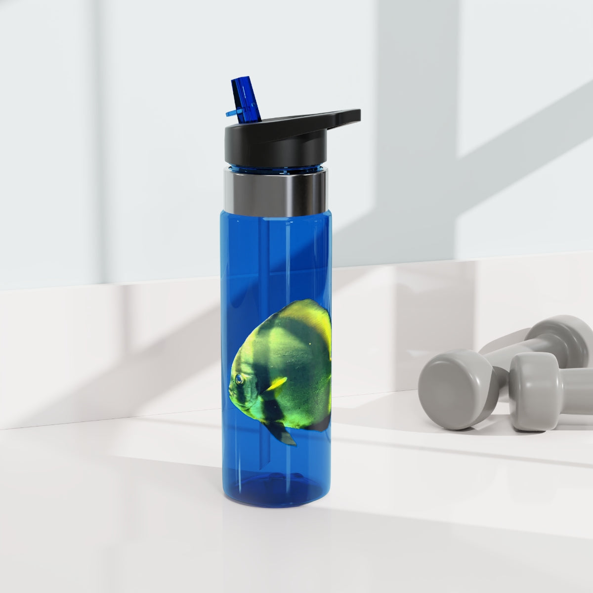 Green Fish Kensington Tritan™ Sport Bottle, 20oz with a screw-on lid and carabiner hook, showcasing its durable design and vibrant color.