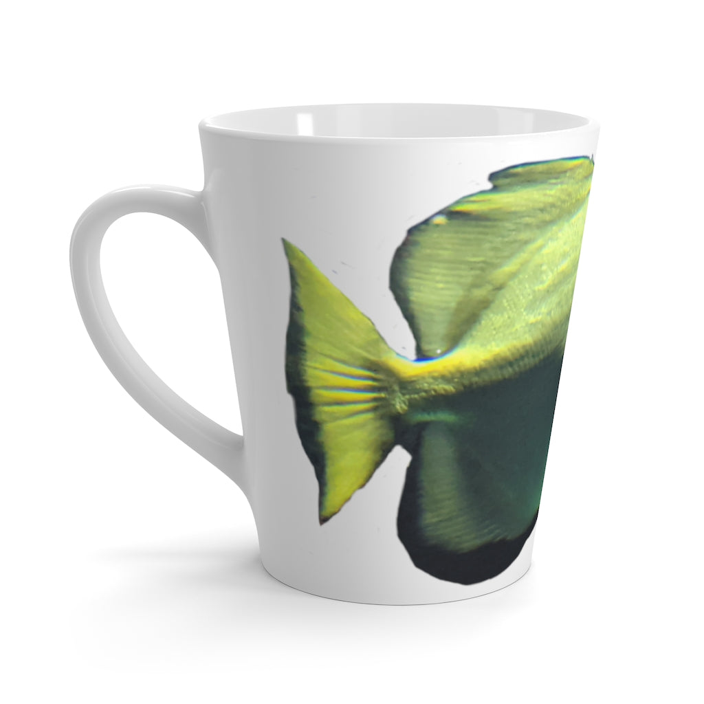 A stylish green fish latte mug made of durable ceramic, featuring a comfortable C-handle and high-quality sublimation printing.