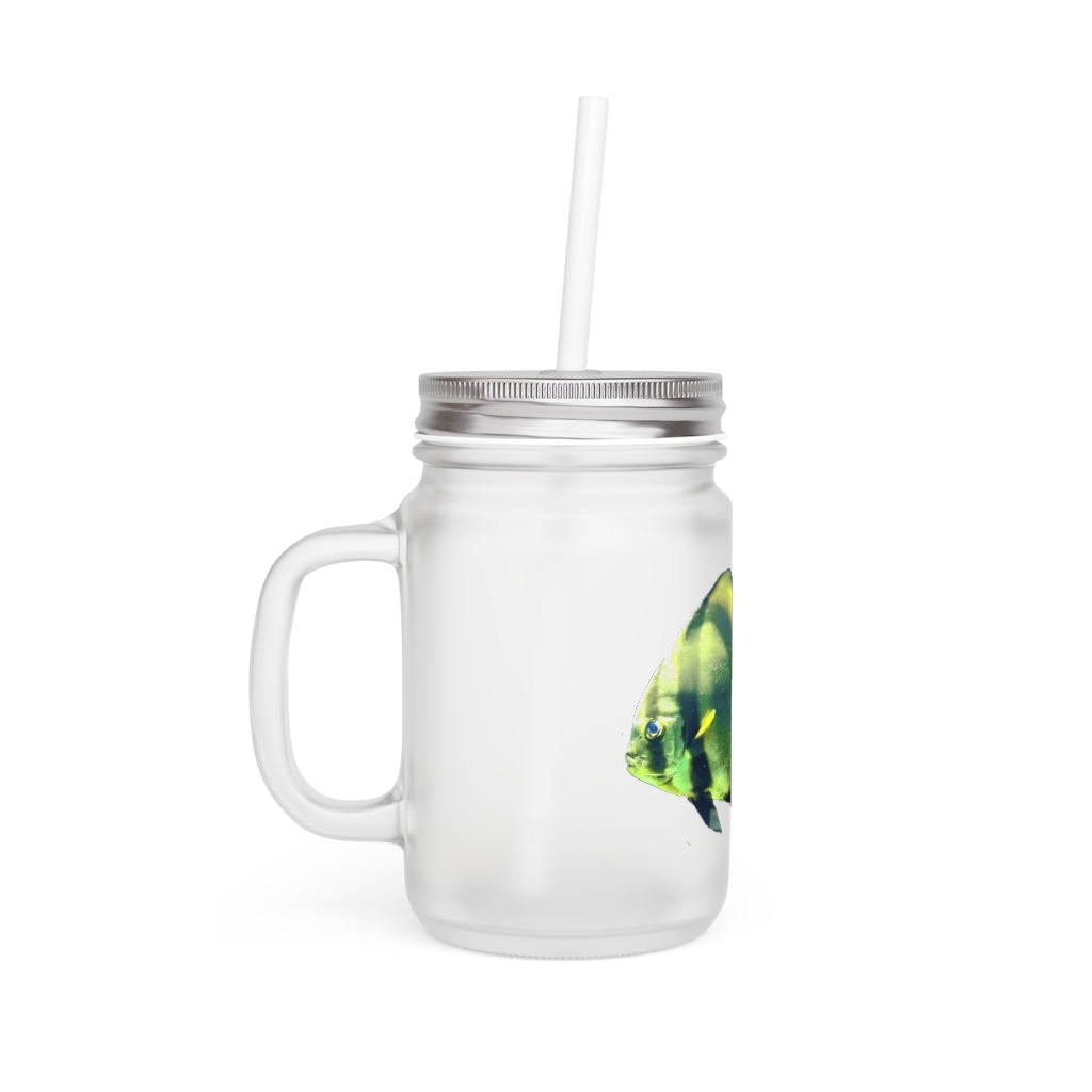 A stylish Green Fish Mason Jar made of frosted glass, featuring a straw and lid, perfect for personalized drinks.