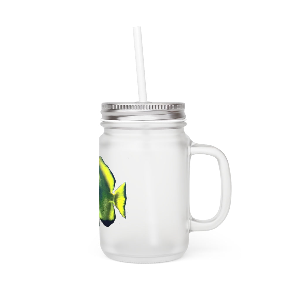 A stylish Green Fish Mason Jar made of frosted glass, featuring a straw and lid, perfect for personalized drinks.