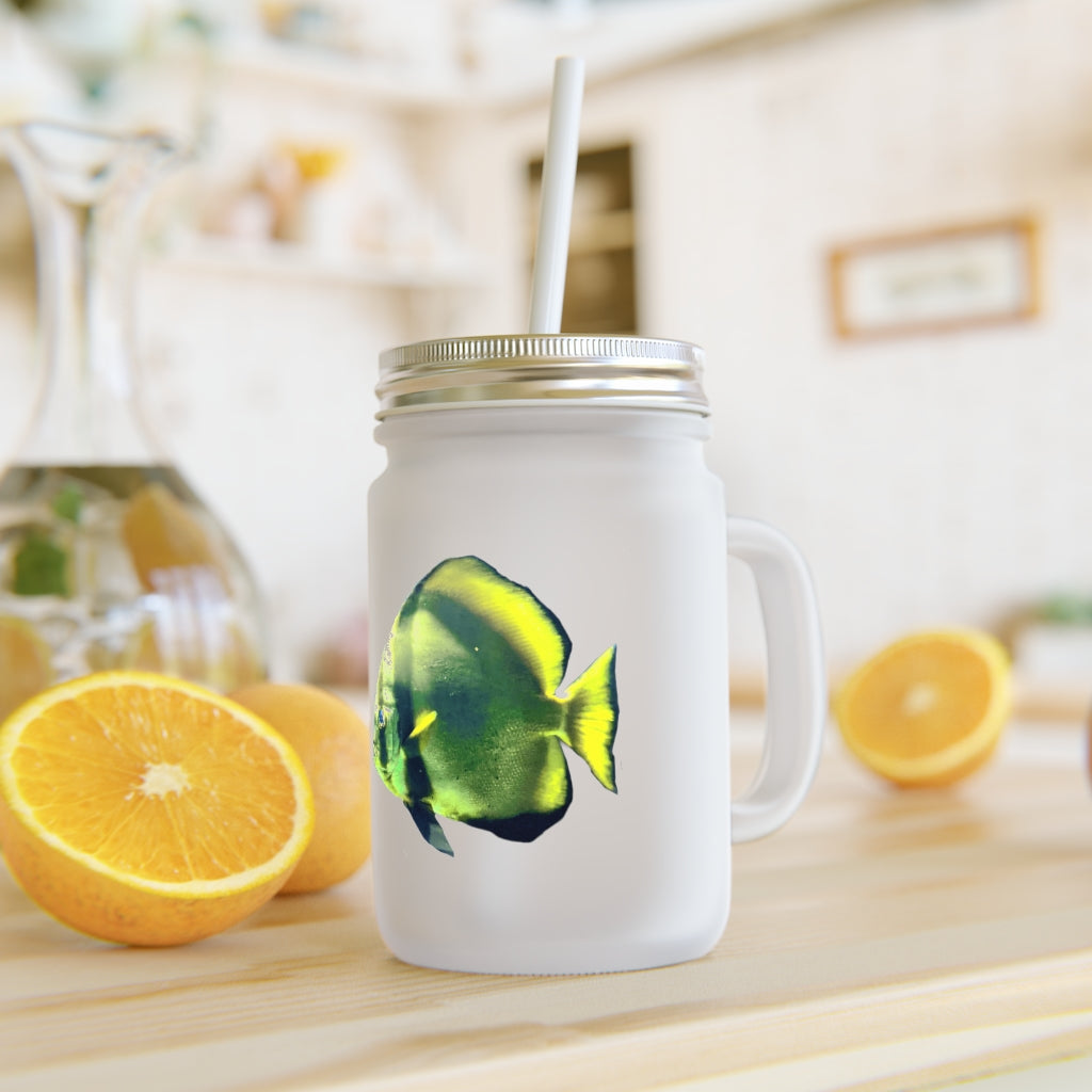 A stylish Green Fish Mason Jar made of frosted glass, featuring a straw and lid, perfect for personalized drinks.