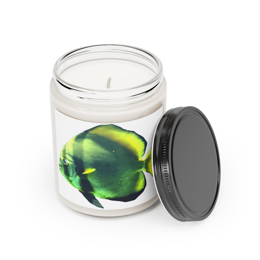 Green Fish Scented Candle in a glass container, featuring a permanent adhesive label, showcasing its soothing aroma and eco-friendly design.